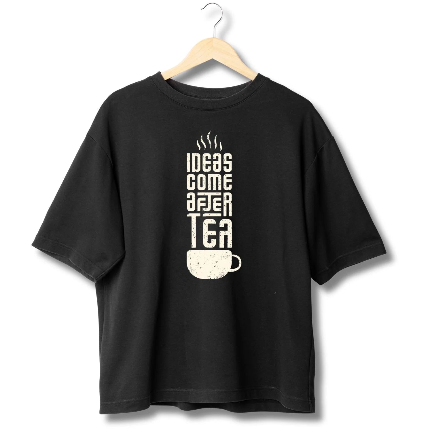 Oversized Black Graphic T-Shirt – Ideas Come After Tea Print