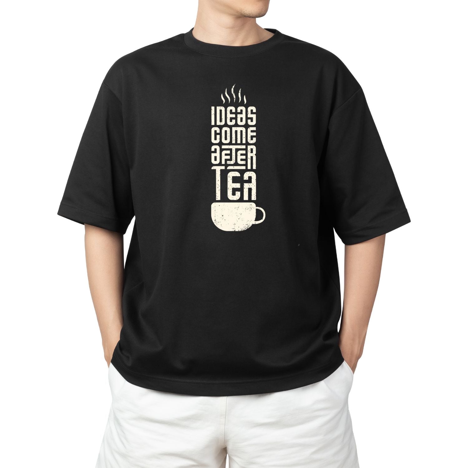 Oversized Black Graphic T-Shirt – Ideas Come After Tea Print